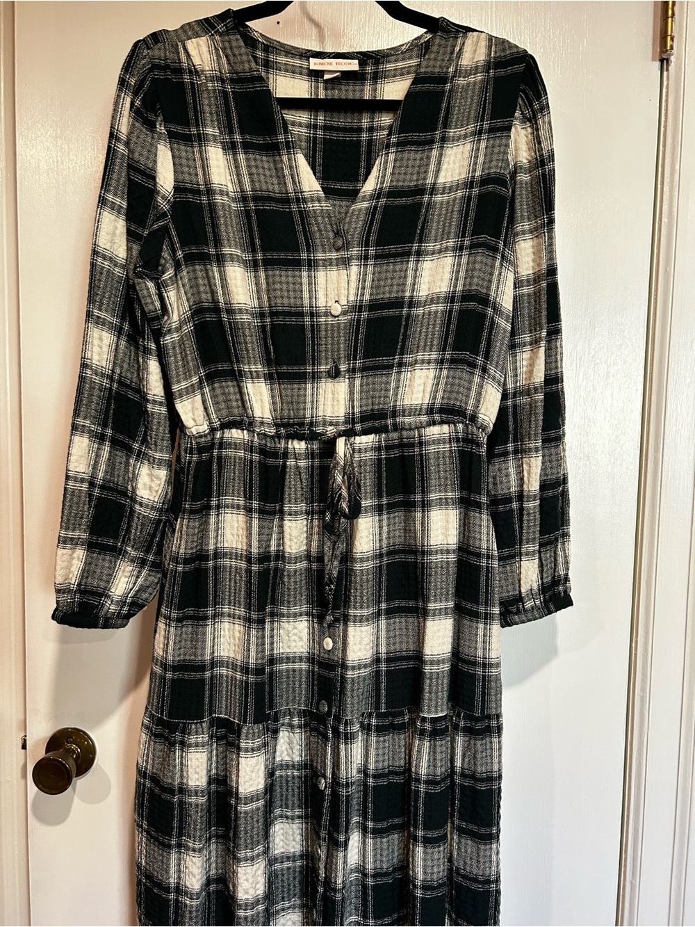 Knox Rose Green and White Plaid Flannel Midi Dress